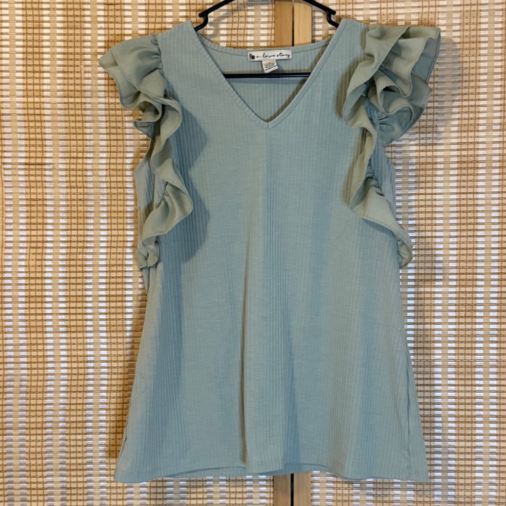 A...Love Story Sage Green Ribbed Ruffle Sleeve V-Neck Top Large Bohemian